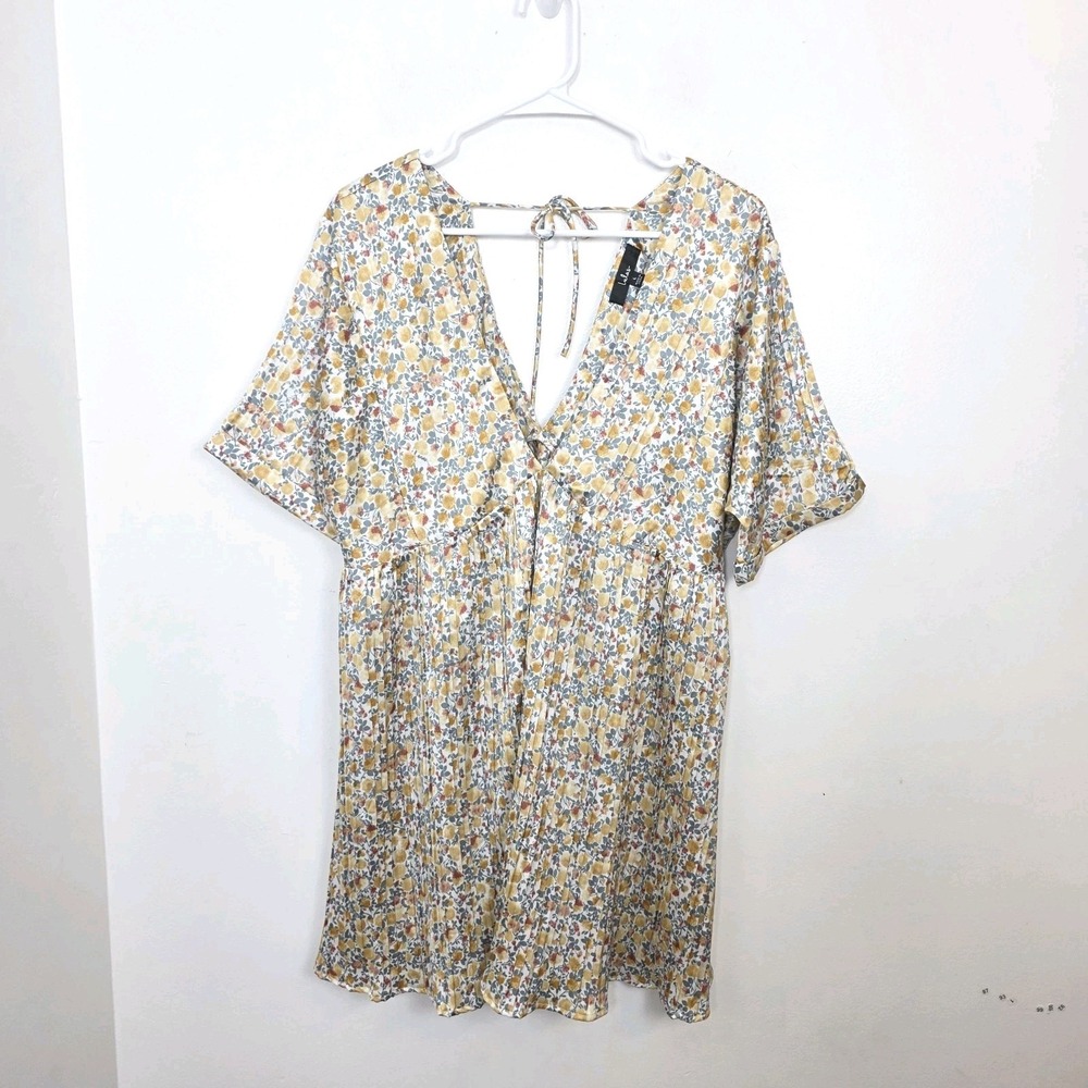 Lulus White Gold Satin Pleated Floral Babydoll Express Yourself Mini Dress Sz L - Picture 2 of 8